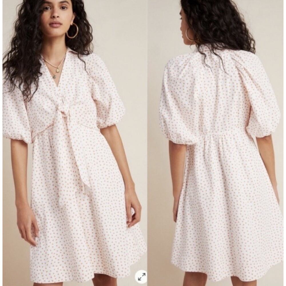 Anthropologie Maeve Midi Shirt Dress 2 S Puff Sleeve Tie Front Collar Triangles